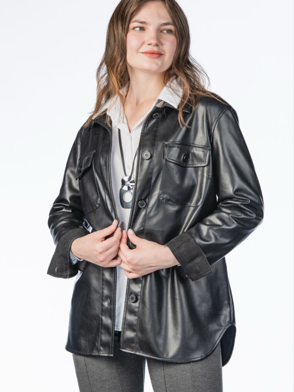 Laundry By Shelli Segal Black Faux Leather Button-Front Jacket